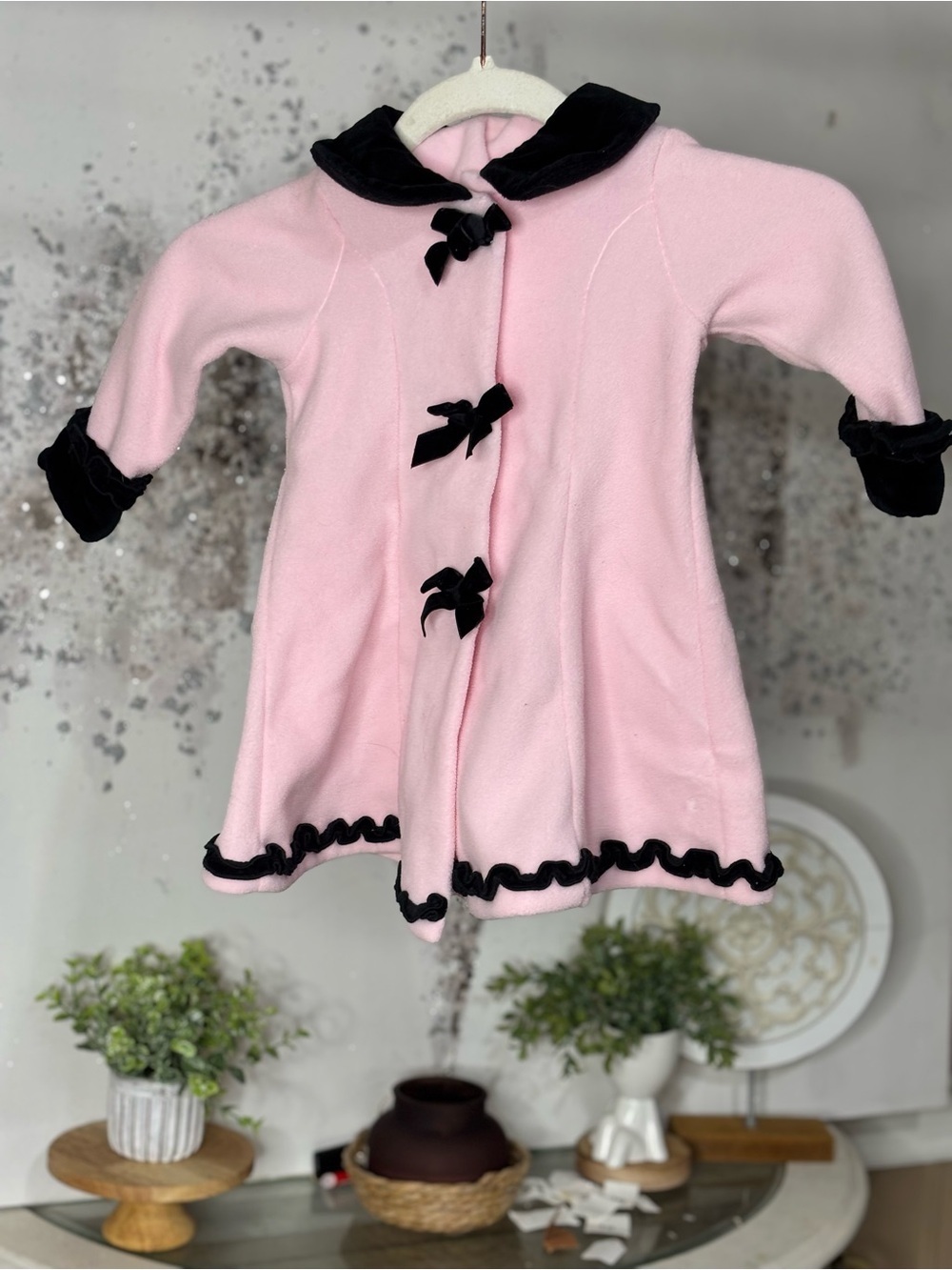 Pink & Black Bow Trim Girls' Coat With Matching Hat